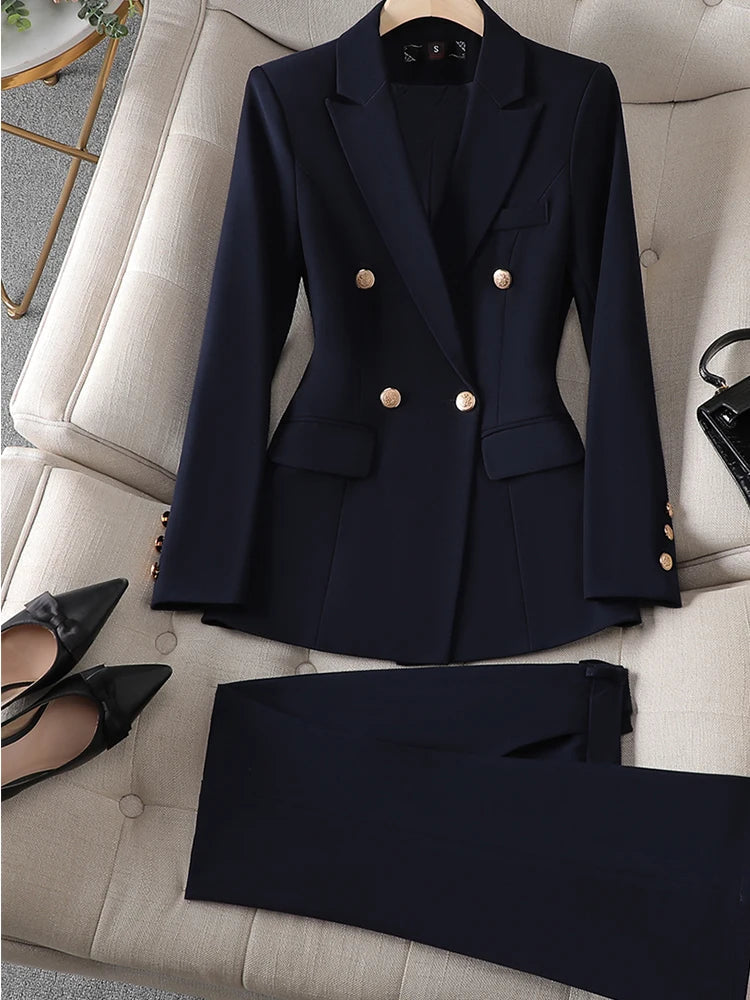 Gray Black Blue White Fashion Women Pant Suit Long Sleeve Solid Ladies Blazer and Trouser Formal 2 Piece Set For Autumn Winter RT220