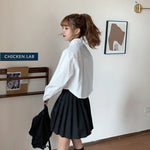 MEXZT Fashion Korean Pocket Cropped Blouse Women Casual Preppy Style Long Sleeve Short Shirt Fall Solid White All-match Y2k Tops RT220