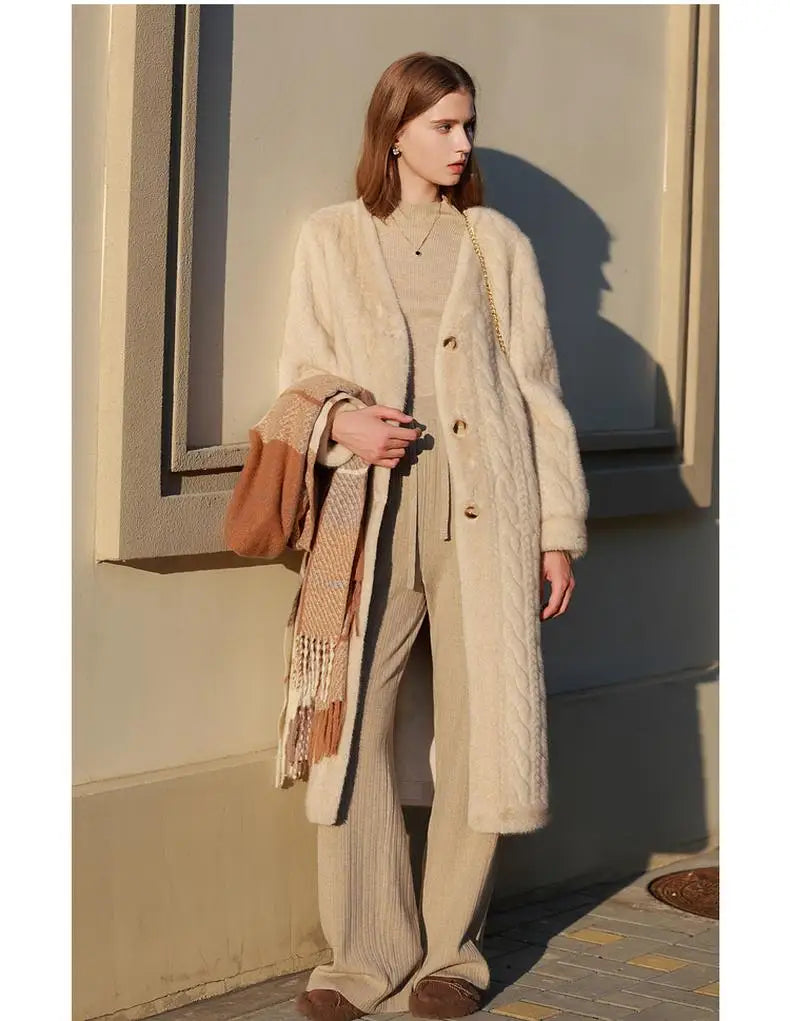 Women Fur Cardigan Thickened Long 2024Autumn Winter V-neck Jacket Female Loose Simple Leisure With Buttons Casual Faux Fur Coat RT220
