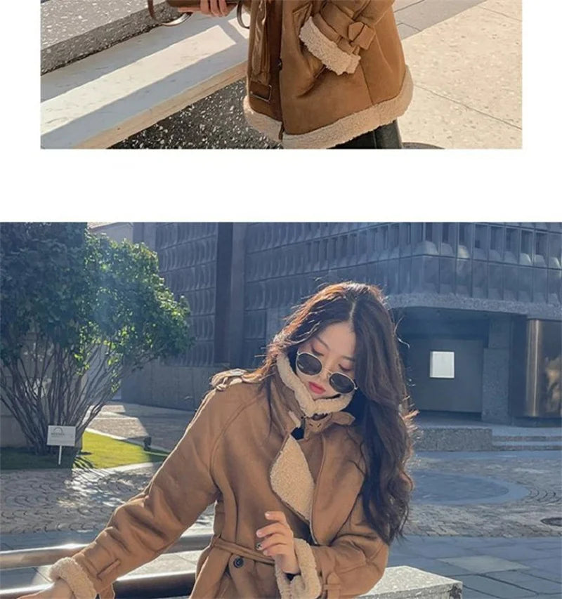 2024 Autumn Winter New Medium Long Double-breasted Lambswool Suede Woolen Coat Women Add Velvet Padded Warm Fur One Woolen Coats RT220