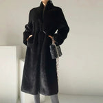 Faux Fur Coats Women Stand Collar Mid Length Long Coat Thick Maxi Warm Y2k Tops Open Stitch Elegant Autumn Winter Black Jackets RT220