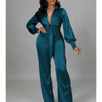 Sexy Women Satin Jumpsuit Long Sleeve Autumn Office Lady Turn Down Collar Solid Vintage Lantern Sleeve Fashion Romper Jumpsuit RT220