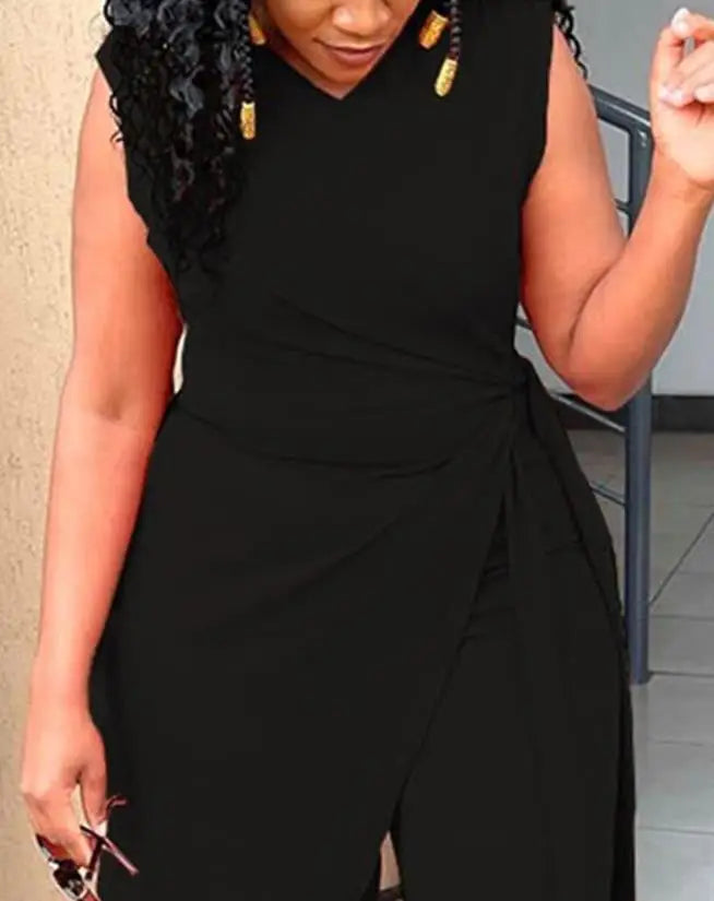 Women's Jumpsuit Summer Fashion Tied Detail V-Neck Casual Plain Sleeveless Asymmetrical Work Long Jumpsuit Y2K Streetwear RT220