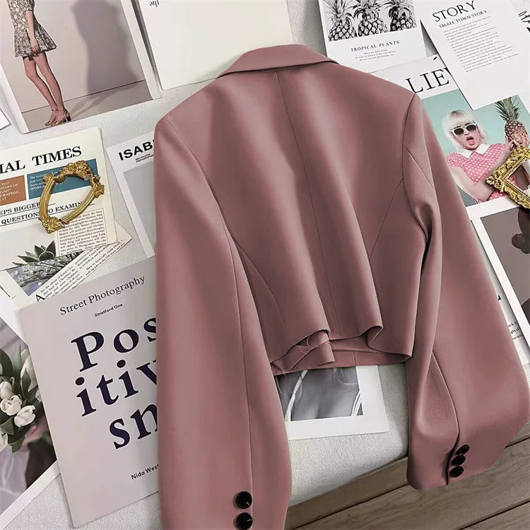 Korean Cropped Blazers Women Autumn Solid Color Simple Single-button Outwear Teens All-match Long Sleeve Office Lady Suit Jacket RT220