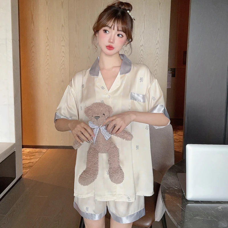 Honey Peach Print Lace Korean Ins Style Pajamas Women Y2k Three-piece Set Classy Sweet Cute Lady Lounge 2024 New Spring Homewear RT220