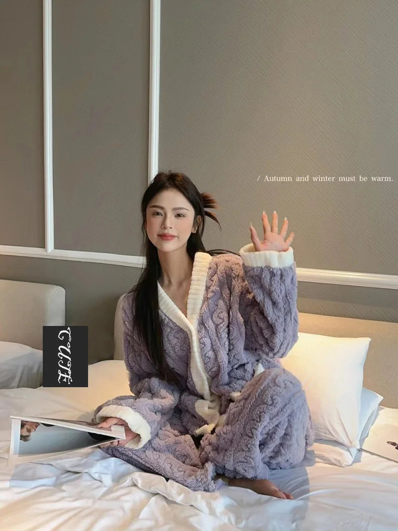 2pcs/Set Autumn And Winter Pajamas Women Thickened Padded Warm Students Coral Girls Clot Velvet Suit Homewear Cardigan Trousers RT220