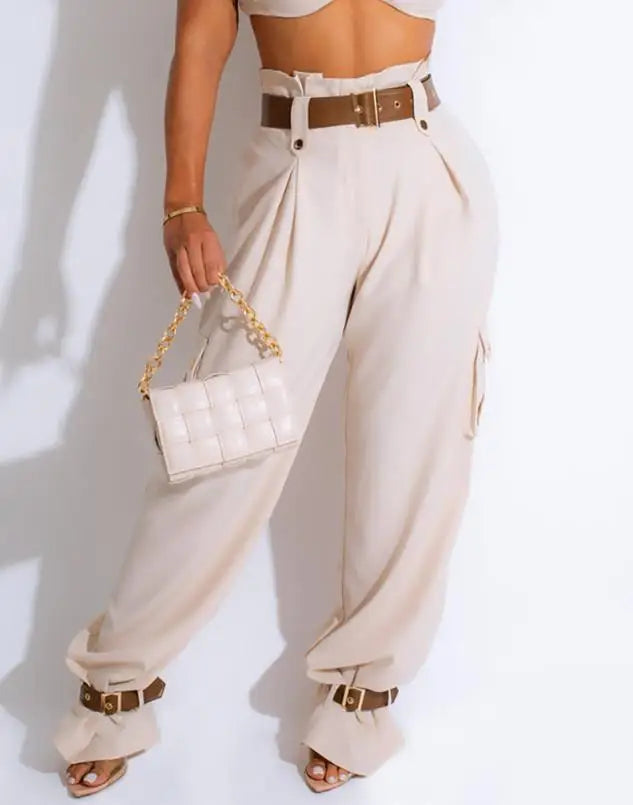 2023 New Fashion Women's Pants Elegant Paperbag Waist Belted Pocket Design Cargo Pants Female Trouser Casual Bottom RT220