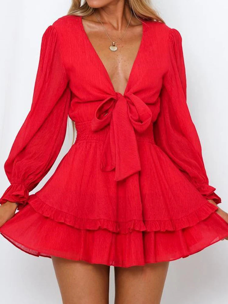 Sexy Cascading Ruffles Women Long Sleeve Mini Dress Deep V-Neck Lace-Up Casual Ladies Party Dress Sweet Streetwear Dropshipping RT220