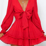 Sexy Cascading Ruffles Women Long Sleeve Mini Dress Deep V-Neck Lace-Up Casual Ladies Party Dress Sweet Streetwear Dropshipping RT220