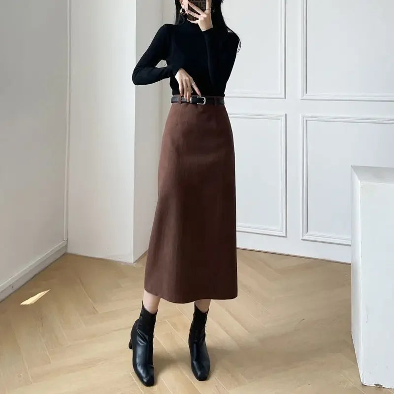 New Arrival Women's Corduroy Skirt Medium-Length A- Line High-Waisted Slimming Straight Skirt With Side Slit For Autumn/Winter RT220
