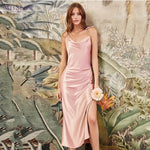MisShow Satin Cowl Neck Women Beach Midi Dresses for Summer Sexy High Slit Sheath Evening Party Dresses for Christmas New Year RT220