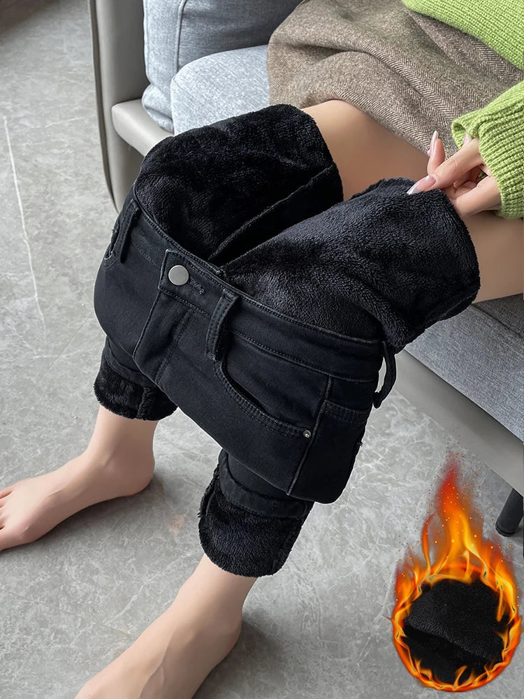 Skinny Women's Warm Jeans Winter Thicken Fleece Stretch High Waist Pencil Pants Fashion Korean Black Blue Gray Velvet Leggings RT220