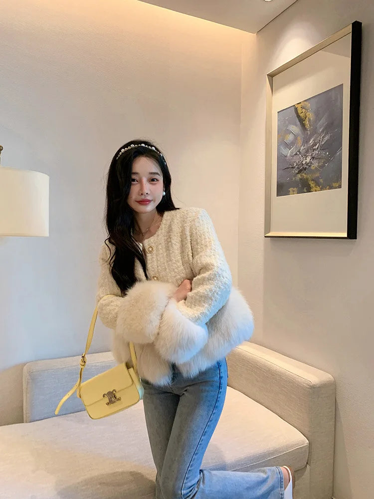 Autumn Winter Women's White Imitation Fox Fur Single Breasted Short Jacket New High-Quality Cotton/Non Cotton Wool Coats RT220