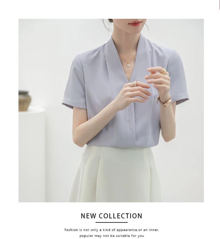 2025 Fashion Summer Short Sleeve V-Neck Women Blouse White Blouse Shirt Women Tops Blouses Shirts Blusas Para Mujer Camisas XL86 RT220