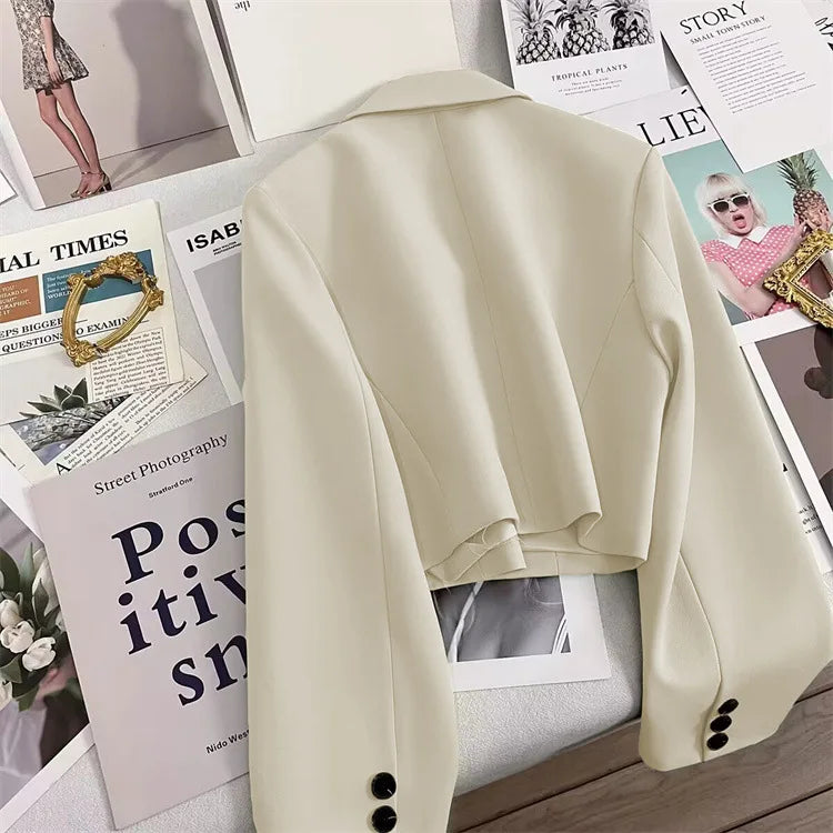 Korean Cropped Blazers Women Autumn Solid Color Simple Single-button Outwear Teens All-match Long Sleeve Office Lady Suit Jacket RT220