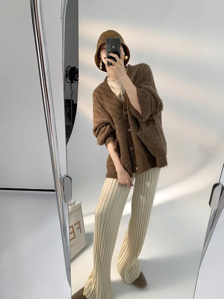 Autumn Winter Casual Thick Knitted Pant Women Long Trousers Elastic High Waist Kniting Wide Leg Pants Striped Pantalon RT220