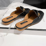 New Summer Fashion Metal Buckle Woman Shoes Half-drag Muller Shoes Women Wear Flat Slippers And Leather Toe-covered Sandals RT220