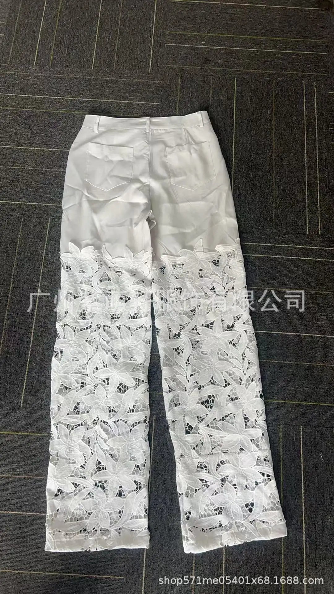 Women's Spring Summer Fashion Hollow Out Lace Splicing Denim Drape Pants Full Length Trousers RT220