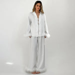HiLoc Elegant Silk White Pajamas Sets Women Feather Cuffs Blouses With Wide Legs Pants Sleepwear Female 2025 Spring Autumn Suits RT220