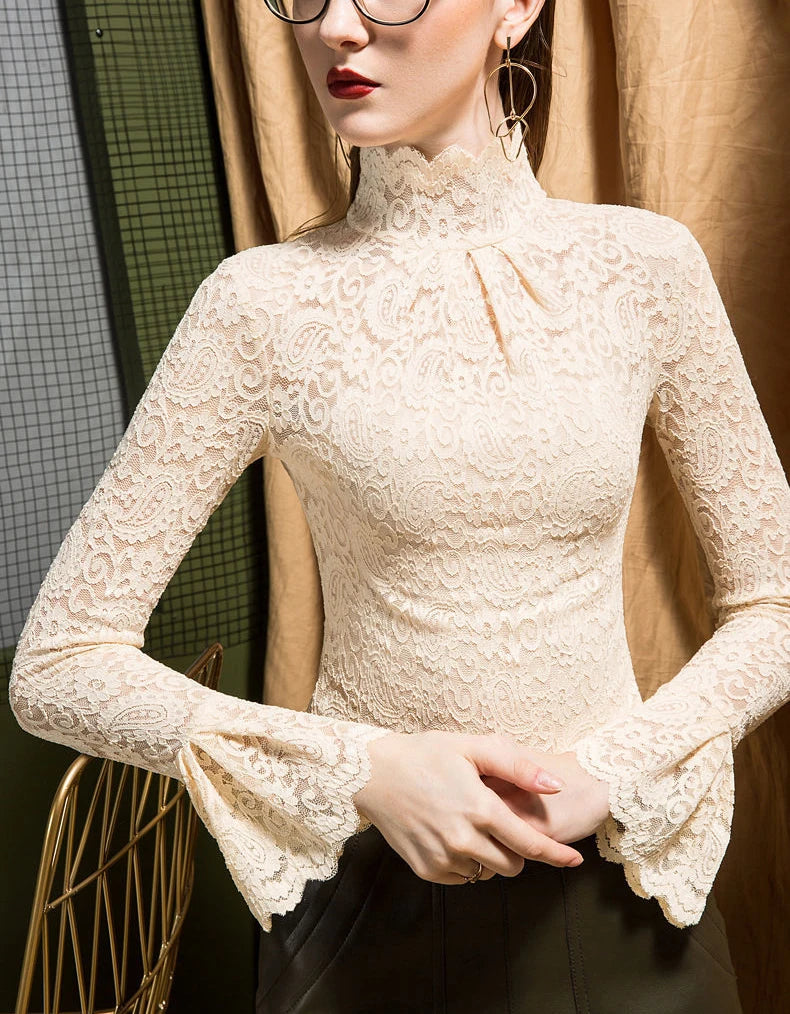 Women Paisley Flower Lace Shirt S-2XL Stretch Turtleneck Bell Sleeve Blouse Tops Pink Blue Coffee Green Fashion Ladies Blouses RT220