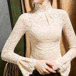 Women Paisley Flower Lace Shirt S-2XL Stretch Turtleneck Bell Sleeve Blouse Tops Pink Blue Coffee Green Fashion Ladies Blouses RT220