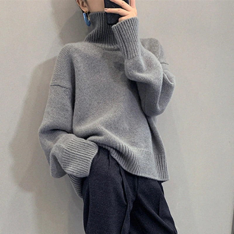 Jmprs Lazy Wind Grey Turtleneck Sweaters Women Vintage Loose Knitted Pullovers Streetwear Retro Harajuku Long Sleeve Simple Tops RT220
