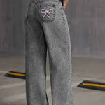 HOUZHOU Women's Loose Fit Distressed Straight Leg Jeans Blue Sweet Bow Embroidery Denim Trousers Casual Baggy Jeans with Pockets RT220