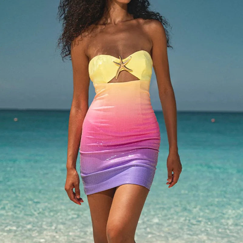 Summer Sexy Lady Backless Mini Party Dress Women Elegant Sequined Slim Fit Dress Female Casual Printing Strapless Dress Vestidos RT220