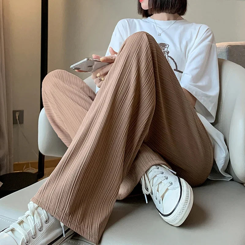Thin Summer Wide-leg Pants Ice Filament Permeability Women Spring  Women Elastic Waist Stright Long Wide Leg Pants Casual Female RT220