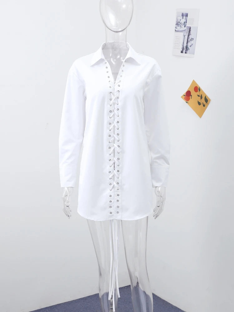 Fashion White Lapel Oversize Long Sleeve Shirts 2025 Spring New Weave Drawstring Blouse Lady Holiday Beach Street Chic Loose Top RT220