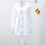 Fashion White Lapel Oversize Long Sleeve Shirts 2025 Spring New Weave Drawstring Blouse Lady Holiday Beach Street Chic Loose Top RT220