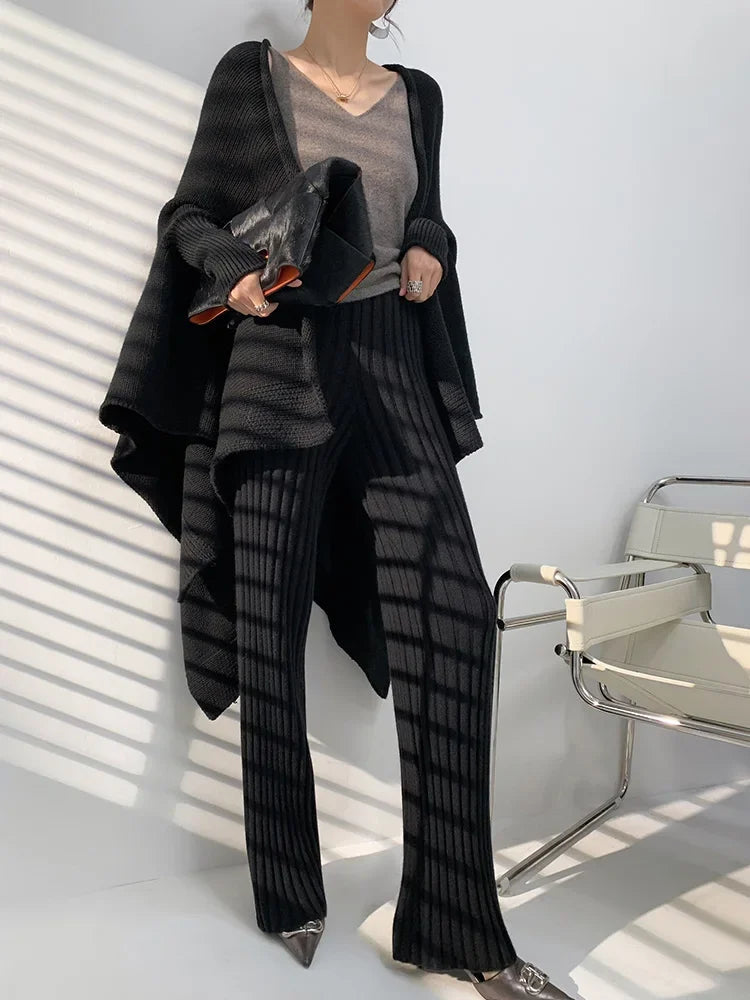 Autumn Winter Casual Thick Knitted Pant Women Long Trousers Elastic High Waist Kniting Wide Leg Pants Striped Pantalon RT220