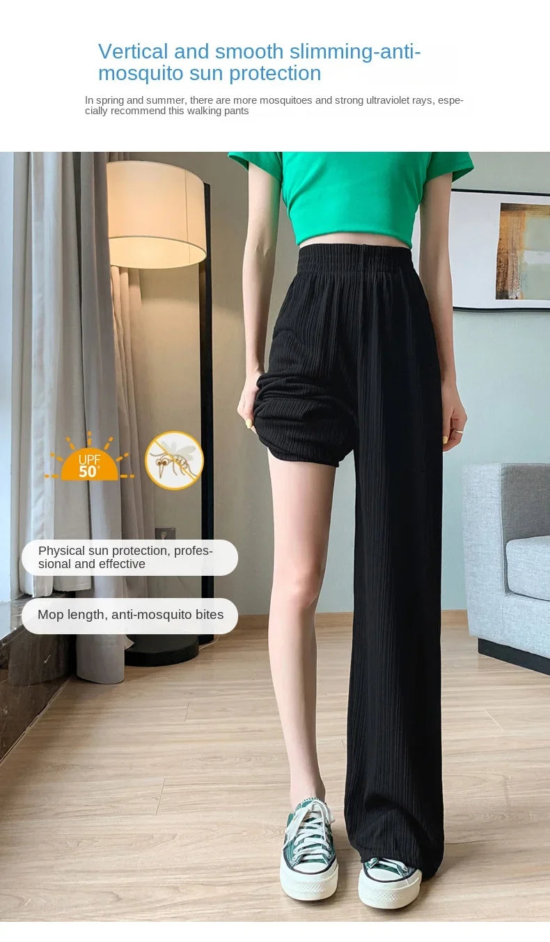 Thin Summer Wide-leg Pants Ice Filament Permeability Women Spring  Women Elastic Waist Stright Long Wide Leg Pants Casual Female RT220