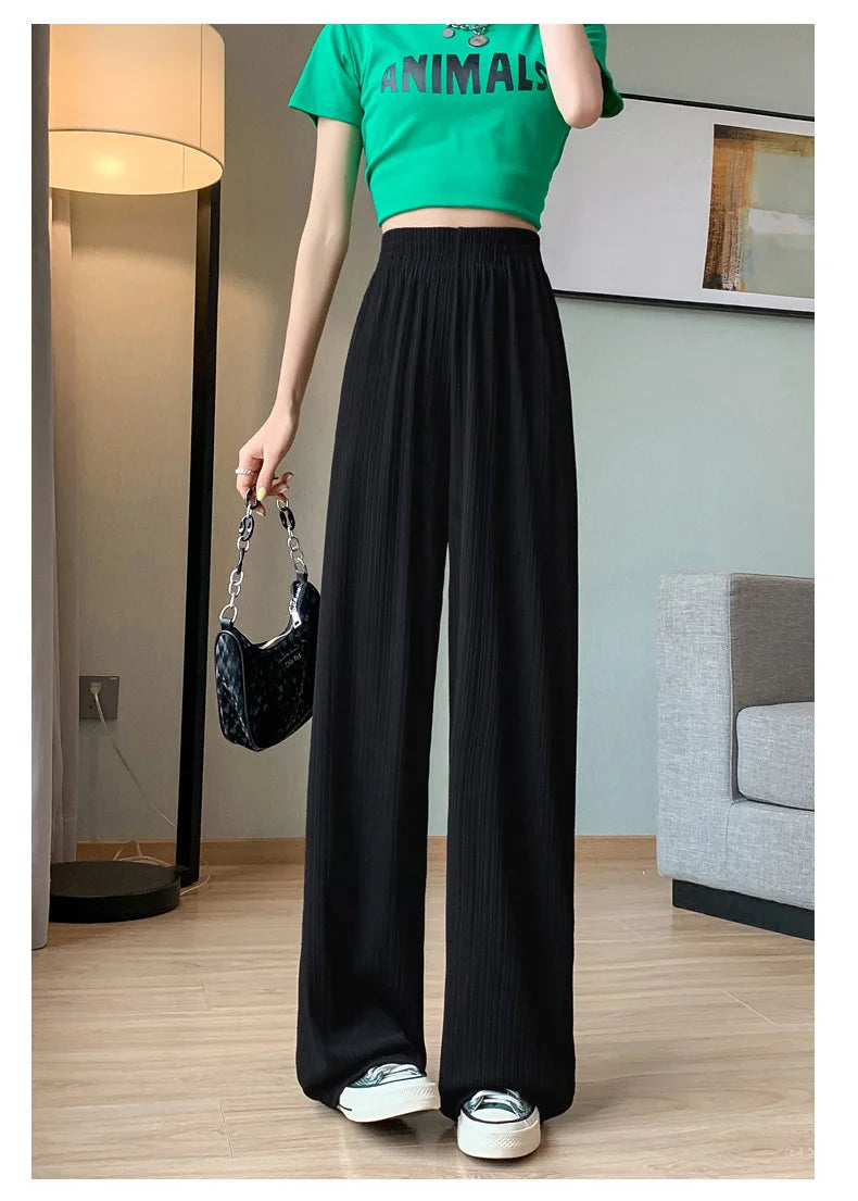 Thin Summer Wide-leg Pants Ice Filament Permeability Women Spring  Women Elastic Waist Stright Long Wide Leg Pants Casual Female RT220
