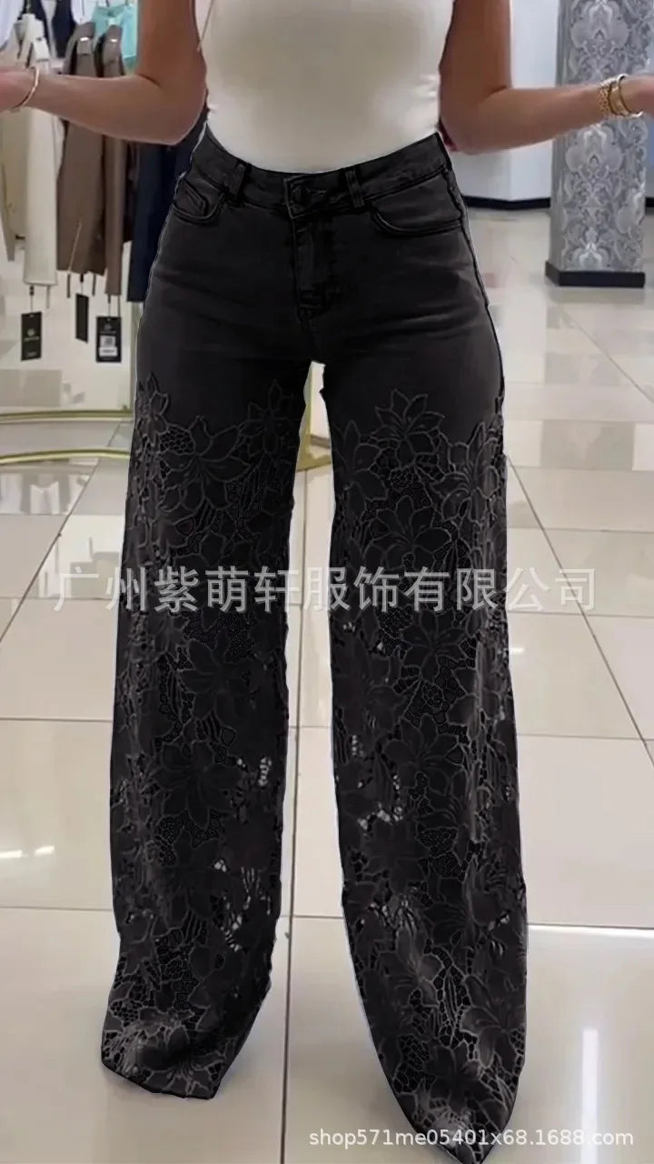 Women's Spring Summer Fashion Hollow Out Lace Splicing Denim Drape Pants Full Length Trousers RT220