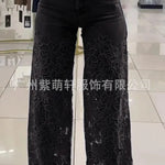 Women's Spring Summer Fashion Hollow Out Lace Splicing Denim Drape Pants Full Length Trousers RT220