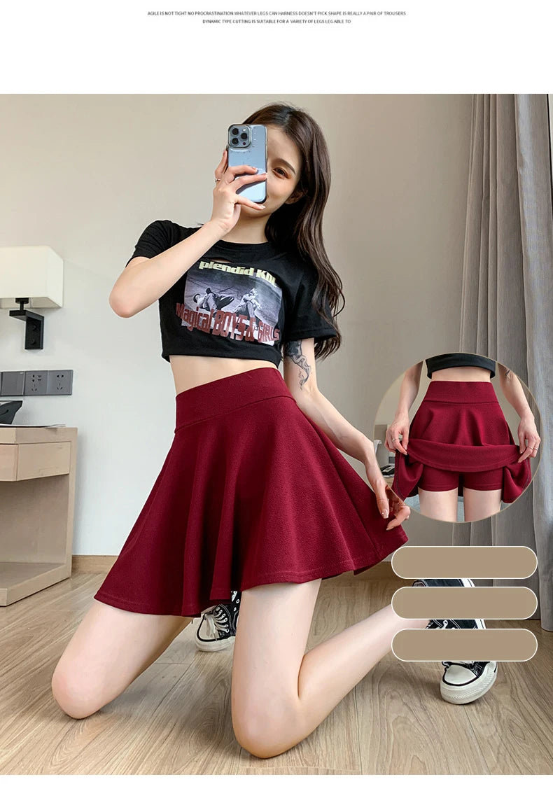 ITOOLIN Women Sweet Solid Color Preppy Skirts Casual Wide Leg High Waist Mini Skirts Women Harajuku Pleated A-line Skirts New RT220