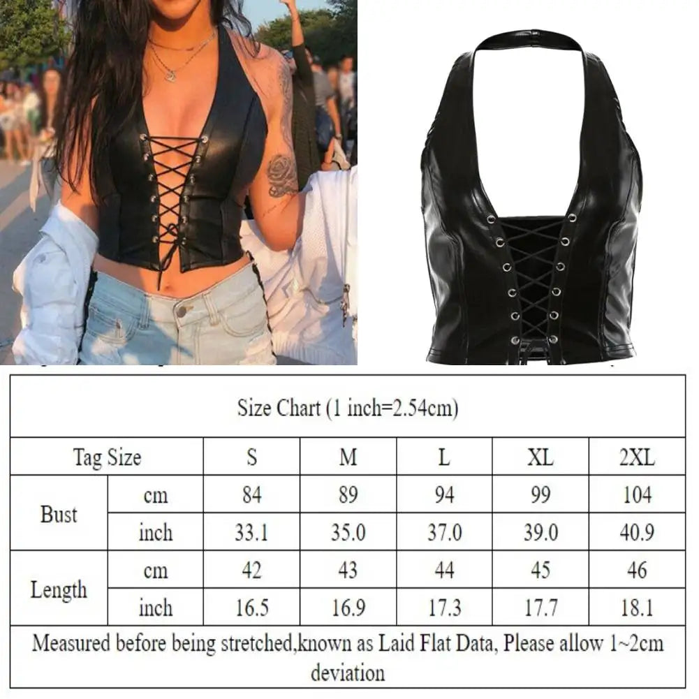 Women Y2k Sexy Gothic Patent Leather Backless Lace Up Crop Top Wet Look Corset Bra Vest Clubwear Club Party Female Tank Tops RT220