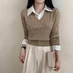 Korean Chic Spring and Autumn Age-Reducing Sweaters Retro Temperament Preppy Fake Two Pieces Shirts Twist Knit Women's Y2k Tops RT220