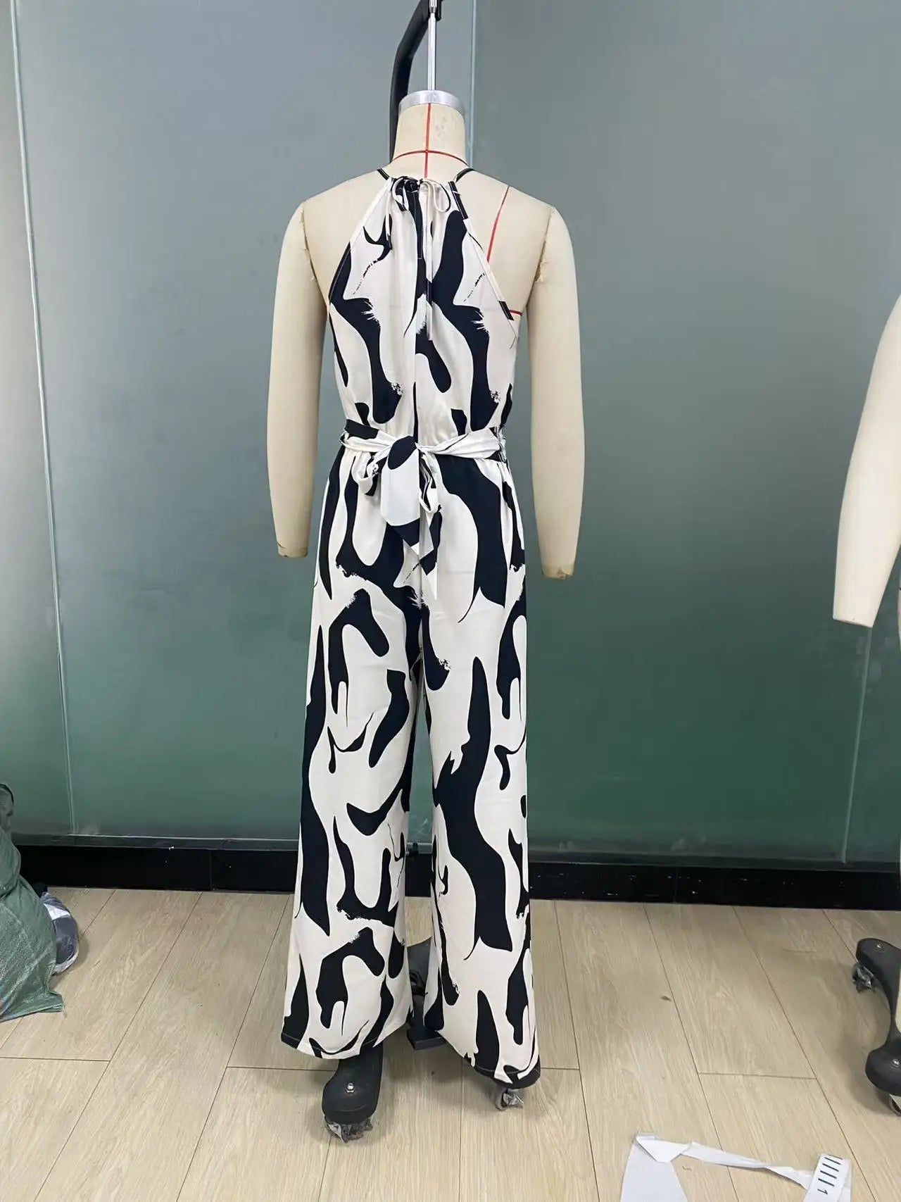 Fashion Women Jumpsuit Sexy Halter Print Sleeveless High Waist Lace-up Wide Leg Pants Long Jumpsuits Female Casual Lady Jumpsuit RT220