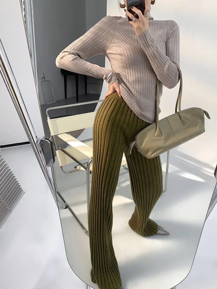 Autumn Winter Casual Thick Knitted Pant Women Long Trousers Elastic High Waist Kniting Wide Leg Pants Striped Pantalon RT220