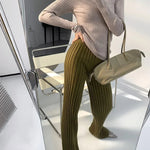 Autumn Winter Casual Thick Knitted Pant Women Long Trousers Elastic High Waist Kniting Wide Leg Pants Striped Pantalon RT220