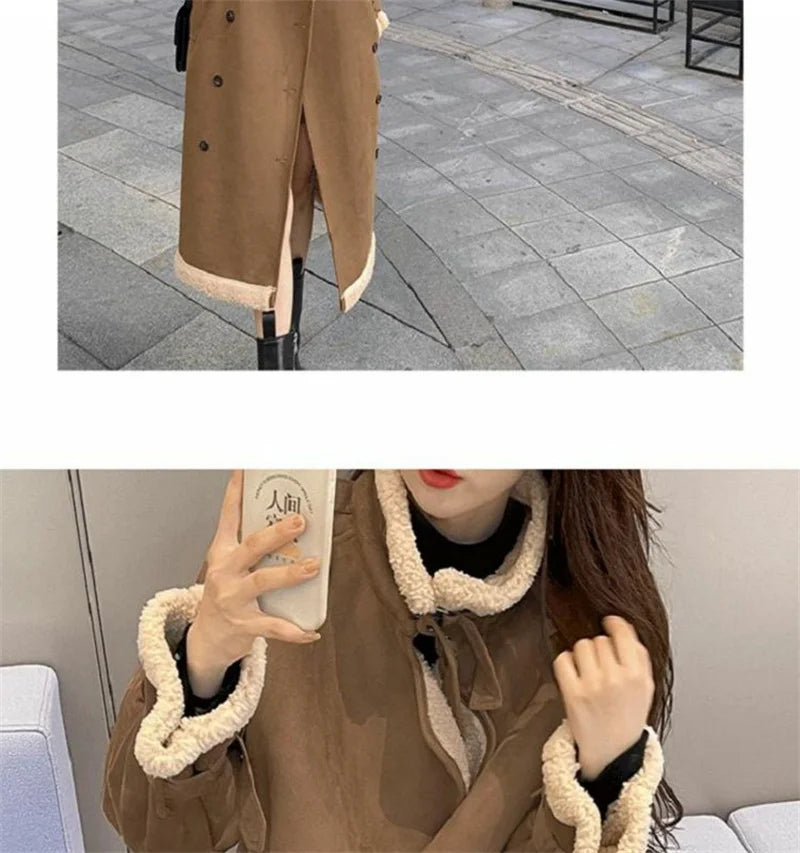 2024 Autumn Winter New Medium Long Double-breasted Lambswool Suede Woolen Coat Women Add Velvet Padded Warm Fur One Woolen Coats RT220