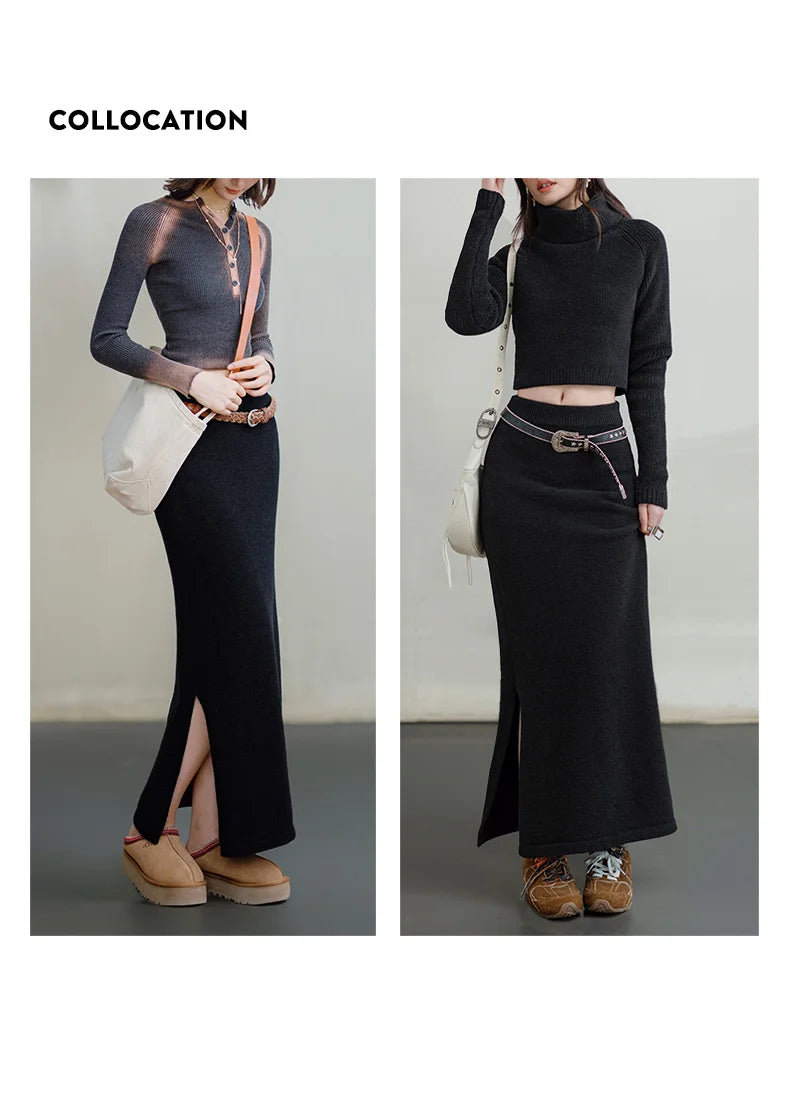 Maden Retro Knitted Skirt Solid Color Slit Fit with Single-side Slit Versatile A - line Skirt for Women's Autumn and Winter RT220