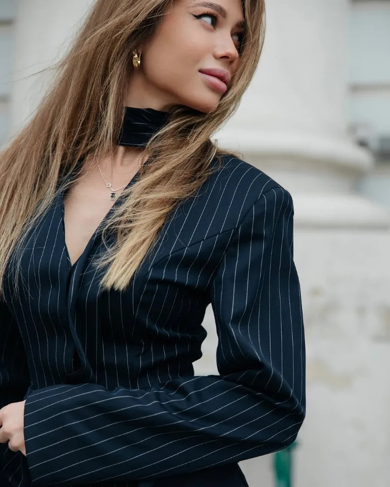 Trendix Elegant Blazer 2 Piece Sets Women V Neck Patchwork Scarf Lace Up Jackets Femme Bodycon Skirt And Commuting Blazers Suits RT220