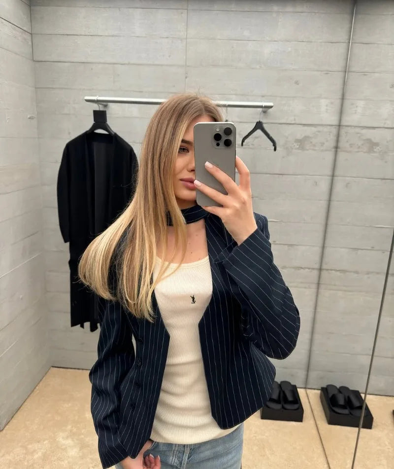 Trendix Elegant Blazer 2 Piece Sets Women V Neck Patchwork Scarf Lace Up Jackets Femme Bodycon Skirt And Commuting Blazers Suits RT220