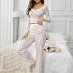 Women's Sleepwear Suit Vintage Floral Print Lettuce Trim Long Sleeve Top and Pant Loungewear Full Sleeve Nightwear Pajamas Set RT220
