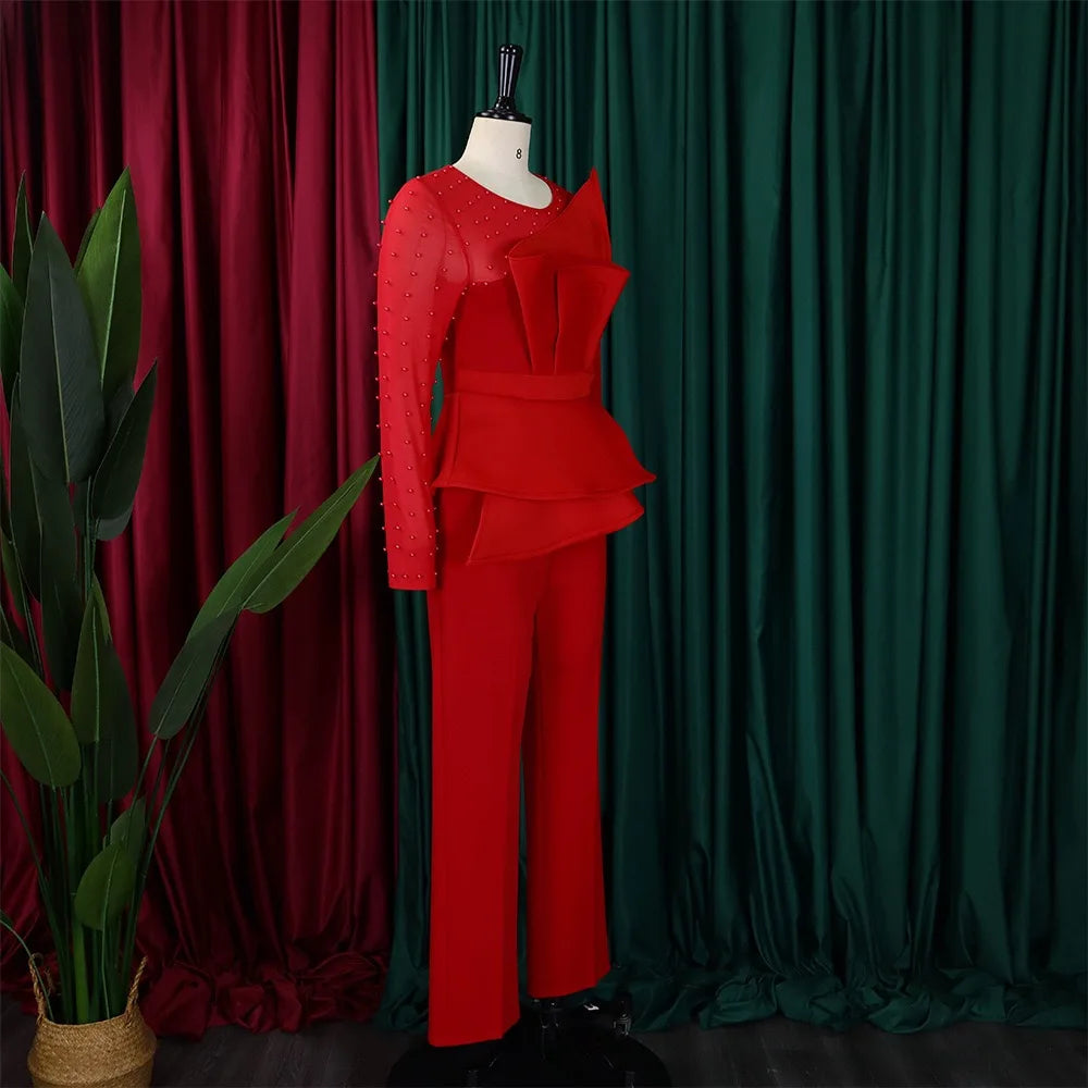 Luxury Jumpsuits & Rompers for Women Round Neck Beaded Transparent Sleeve High Waisted Elegant Female Birthday Party Overalls RT220