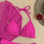 Long Sleeves Dress Bikini Set 2025 Women Neon Green Lace Up 3 Pieces Swimsuit Brazilian Bathing Suit Pleate Cover Up Swimwear RT220