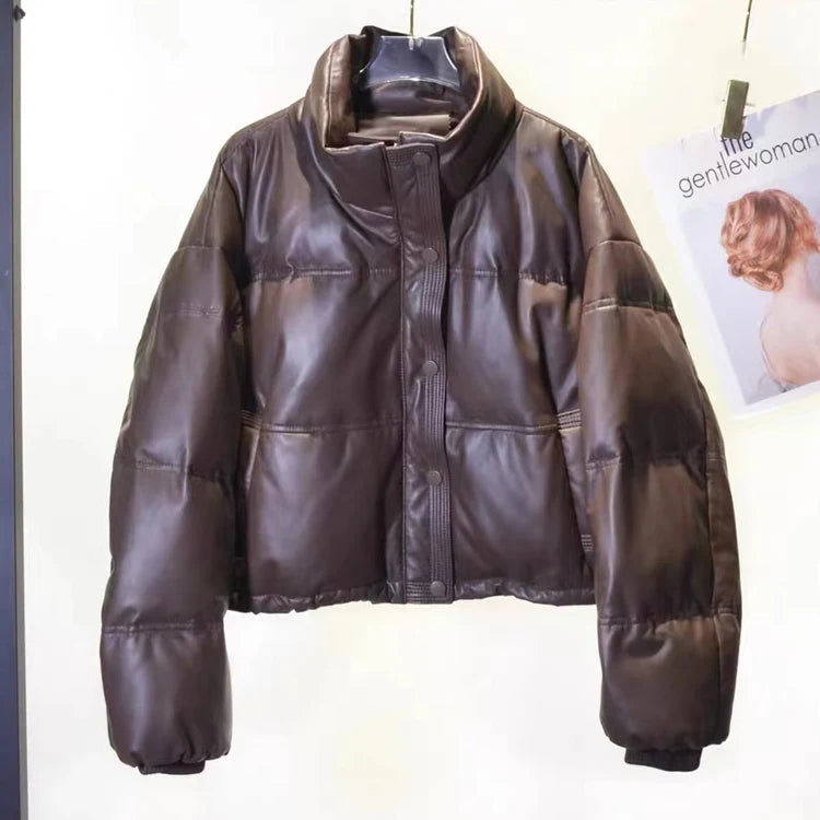 Women Leather Down Jacket Winter 2025 High End Genuine Sheepskin Down Coat Outdoor Thicked Warm Short Puffer Jacket Streetwear RT220